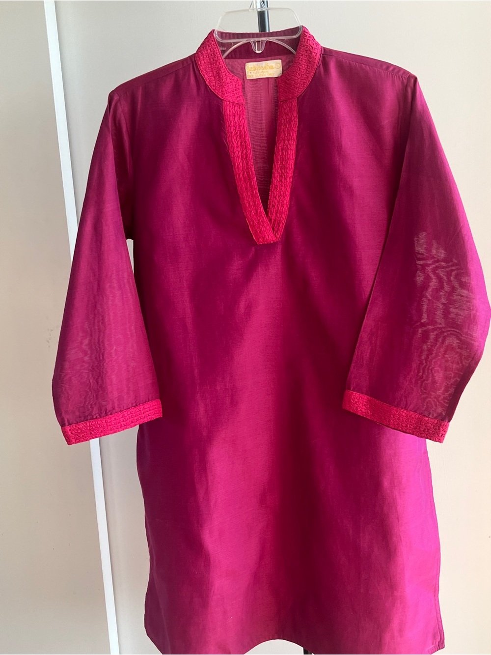FabIndia Silk Chanderi Kurta Dress Magenta Pink Silk Trim Lined Wedding Sz Large